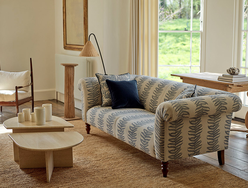 Exbury 3 seater sofa in Frond Stripe Large Storm with scatters in Frond All Over